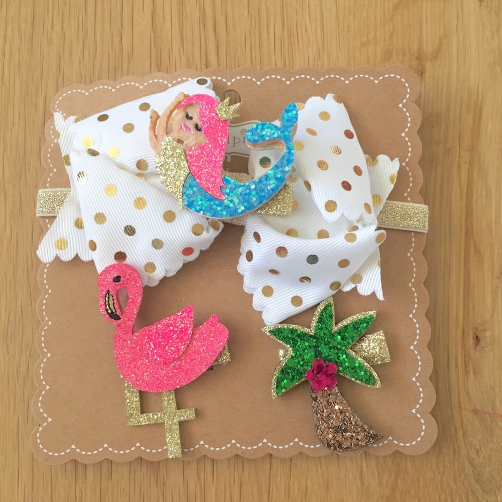 NWT MudPie Hair Clips-Mermaid/Flamingo/Palm Tree